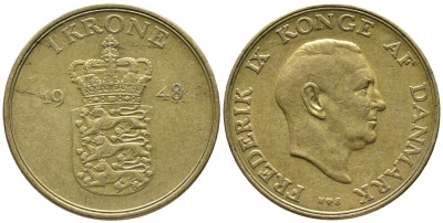 ДАНИЯ 1 КРОНА 1948 N; S, ФРЕДЕРИК IX (1947-1972) KM 837.1 алюминиевая бронза 32-314