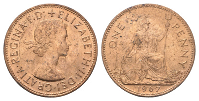 Великобритания 1 пенни 1967 Елизавета II (1952-2022) KM 897, Spink 4157 бронза UNC 4661-1022