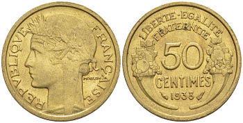 ФРАНЦИЯ 50 САНТИМОВ 1938 ТИП MORLON KM 894.1, LE FRANC 192.14 алюминиевая бронза 44-749
