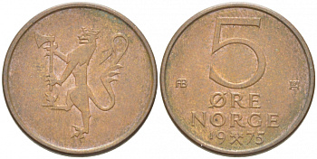 Норвегия 5 эре 1975 Улаф V (1958-1991) KM 415 бронза 3955-163