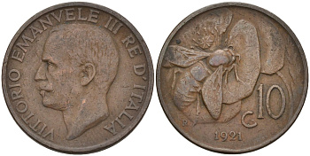 Италия 10 чентезимо 1921 R, пчела, Виктор Эммануил (1900-1946) KM 60 медь 4116-1246