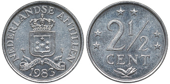 Нидерландские Антилы 2 1/2 цента 1983 Беатрикс (1980-2013) KM 9а алюминий 4122-355
