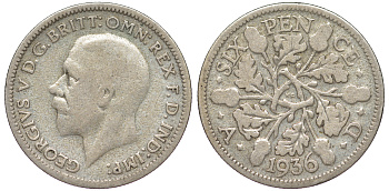 Великобритания 6 пенсов 1936 Георг V (1910-1936) KM 832, Spink 4041 серебро 4178-362
