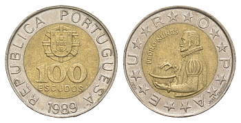 Португалия 100 эскудо 1989 Педру Нуниш (1502-1578), математик KM 645 биметалл 4566-243