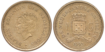 Нидерландские Антилы 1 гульден 1992 Беатрикс (1980-2013) KM 37 позолоченная сталь 25-1945