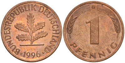 ФРГ 1 пфенниг 1996 G KM 105, J. 380 сталь плакированная медью    4598-718