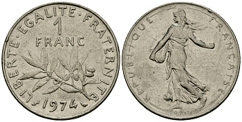 Франция 1 франк 1974 сеятель KM 925 никель 4135-837