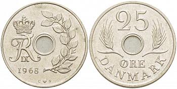 Дания 25 эре 1968 С;S, Фредерик IX (1947-1972) KM 855.1 медно-никель UNC 3851-933
