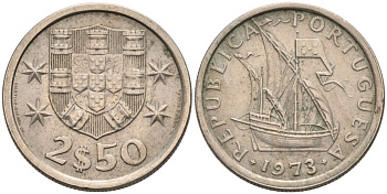 Португалия 2,5 эскудо 1973 парусник КМ 590 медно-никель 4567-625