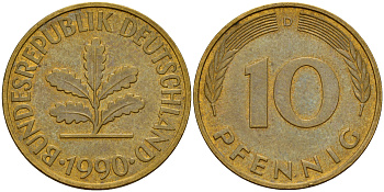 ФРГ 10 пфеннигов 1990 D J. 383, KM 108 сталь плакированная латунью    4603-625