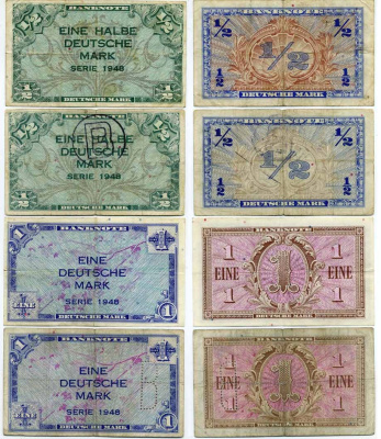 ФРГ набор из 6 банкнот 1948 1/2 марки, 1/2 марки с надпечаткой В, 1 марка, 1 марка с перфорацией В, 2 марки, 5 марок Pick 1a, 1b, 2a, 2c, 3a, 4a бумага 2192-46-2
