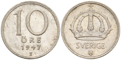 Швеция 10 эре 1947 TS, Густав V (1907-1950) KM 813 серебро 4147-853