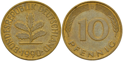 ФРГ 10 пфеннигов 1990 D J. 383, KM 108 сталь плакированная латунью    4603-625