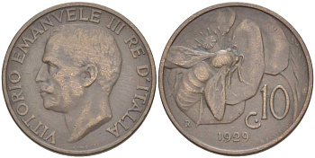 ИТАЛИЯ 10 ЧЕНТЕЗИМО 1929 R, МОНДВОР РИМ, ВИКТОР ЭММАНУИЛ III (1900-1946) KM 60 медь 4525-316