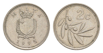 Мальта 2 цента 1995 оливковая ветвь KM 94 медно-никель 4632-856