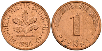 ФРГ 1 пфенниг 1984 F KM 105, J. 380 сталь плакированная медью    4598-629