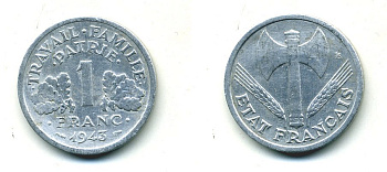 ФРАНЦИЯ 1 ФРАНК 1943 LB, ТИП LEGERE, ПРАВИТЕЛЬСТВО ВИШИ KM 902.1, LE FRANC 223.3 алюминий 23-1025