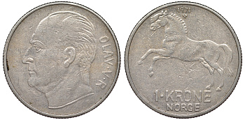 Норвегия 1 крона 1971 лошадь KM 409 медно-никель 25-2142