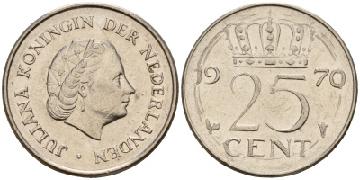 Нидерланды 25 центов 1970 Юлиана (1949-1980) KM 183 никель    4598-455