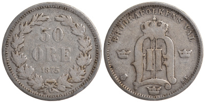 Швеция 50 эре 1875 ST, Оскар II (1872-1907) король Швеции и Норвегии KM 740 серебро 4179-913