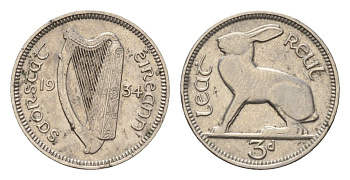 Ирландия 3 пенса 1934 заяц KM 4 никель 4690-314