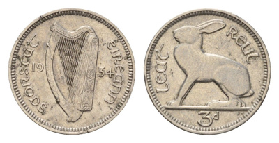 Ирландия 3 пенса 1934 заяц KM 4 никель 4690-314