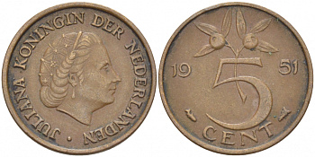 НИДЕРЛАНДЫ 5 ЦЕНТОВ 1951 ЮЛИАНА KM 181 бронза 214-765