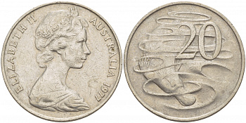 АВСТРАЛИЯ 20 ЦЕНТОВ 1977 ЕЛИЗАВЕТА II, МОЛОДОЙ ПОРТРЕТ, УТКОНОС KM 66 медно-никель 115-1012