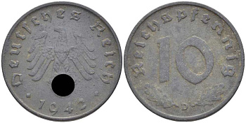 ГЕРМАНИЯ 10 РЕЙХСПФЕННИГОВ 1942 D KM 101, J. 371 цинк 4401-646