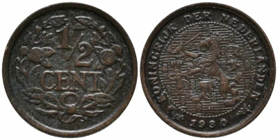 НИДЕРЛАНДЫ 1/2 ЦЕНТА 1930 ВИЛЬГЕЛЬМИНА (1890-1948) KM 138 бронза 112-166