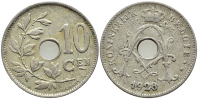 БЕЛЬГИЯ 10 САНТИМОВ 1928 BELGIE KM 86 медно-никель 4388-1133