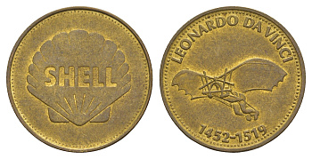 Франция жетон Shell - Человек в полете - Леонардо да Винчи, 1452-1519 1969 диаметр 26 мм, вес 5 гр Kooij RS011.2c сталь плакированная латунью aUNC 4656-317