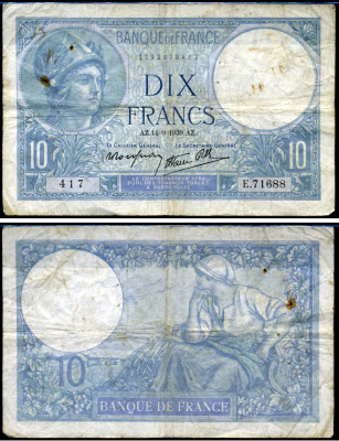 Франция 10 франков 1939 Pick 84 бумага 7219-21-2-2
