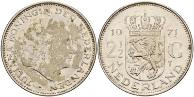 Нидерланды 2 1/2 гульдена 1971 Юлиана (1949-1980) KM 191 никель 4157-414