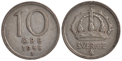 Швеция 10 эре 1946 TS, Густав V (1907-1950) KM 813 серебро 4179-543