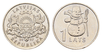 Латвия 1 лат 2007 Снеговик KM 85 медно-никель UNC 4679-336
