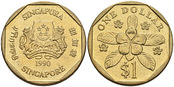 Сингапур 1 доллар 1990 барвинок KM 54b алюминиевая бронза 4556-1225
