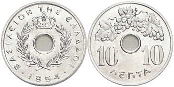 Греция 10 лепта 1954 Павел I (1947-1964), виноградная лоза KM 78 алюминий UNC 4556-244