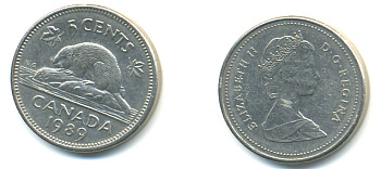 Канада 5 центов 1989 Елизавета II (1952-2022), бобер KM 60.2а медно-никель 177-1245