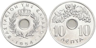 Греция 10 лепта 1954 Павел I (1947-1964), виноградная лоза KM 78 алюминий UNC 4556-244