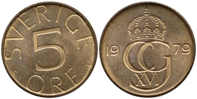 Швеция 5 эре 1979 U, Карл XVI Густав (1973- ) KM 849 бронза 4396-521