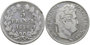 Франция 5 франков 1836 B, Луи Филипп I (1830-1848) KM 749.2 серебро 4386-114