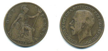 Великобритания 1 пенни 1918 Георг V (1910-1936) KM 810, Spink 4051 бронза 4383-616