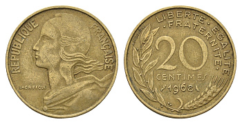 Франция 20 сантимов 1968 KM 930 алюминиевая бронза 4673-1115