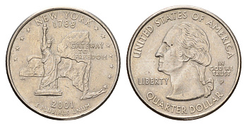 США 25 центов (квотер, 1/4 доллара) 2001 P, Квотер штата Нью-Йорк KM 318 медь плакированный медно-никелем 4666-1041