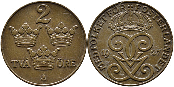 Швеция 2 эре 1927 Густав V (1907-1950) KM 778 бронза 67-1132