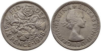 Великобритания 6 пенсов 1958 Елизавета II (1952-2022) KM 903, Spink 4149 медно-никель 75-1032