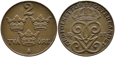 Швеция 2 эре 1927 Густав V (1907-1950) KM 778 бронза 67-1132