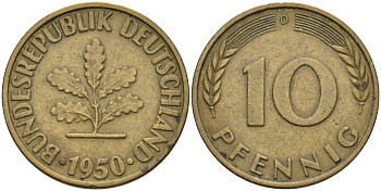ФРГ 10 пфеннигов 1950 D KM 108, J. 383 сталь плакированная латунью 4586-635