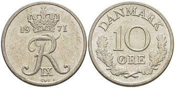 ДАНИЯ 10 ЭРЕ 1971 C; S, ФРЕДЕРИК IX (1947-1972) KM 849.1 медно-никель 4387-1066